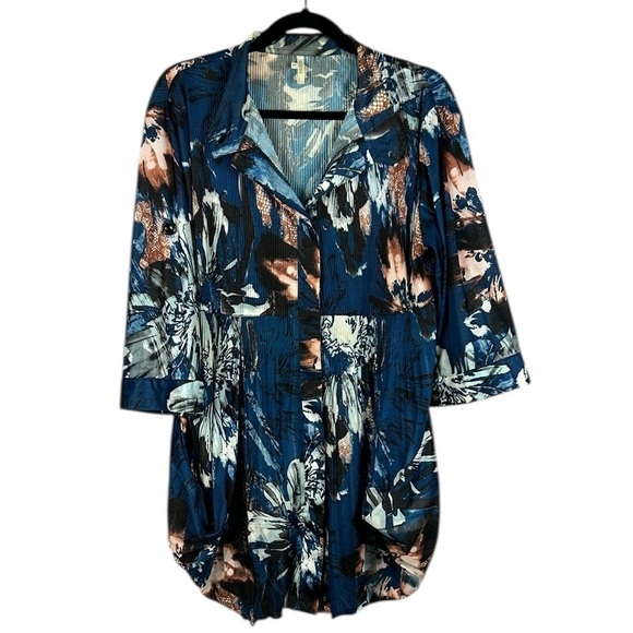 Lindi Tops - Lindi Artsy Floral 3/4 Roll Tab Sleeves Pleated Flowy Tunic Blouse Large Blue